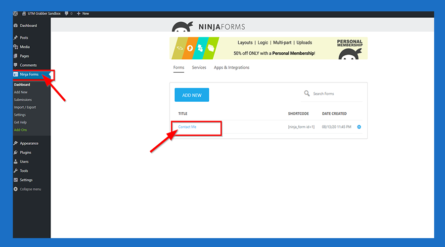 1-Select Ninja forms from the bar and then click Contact Me.png