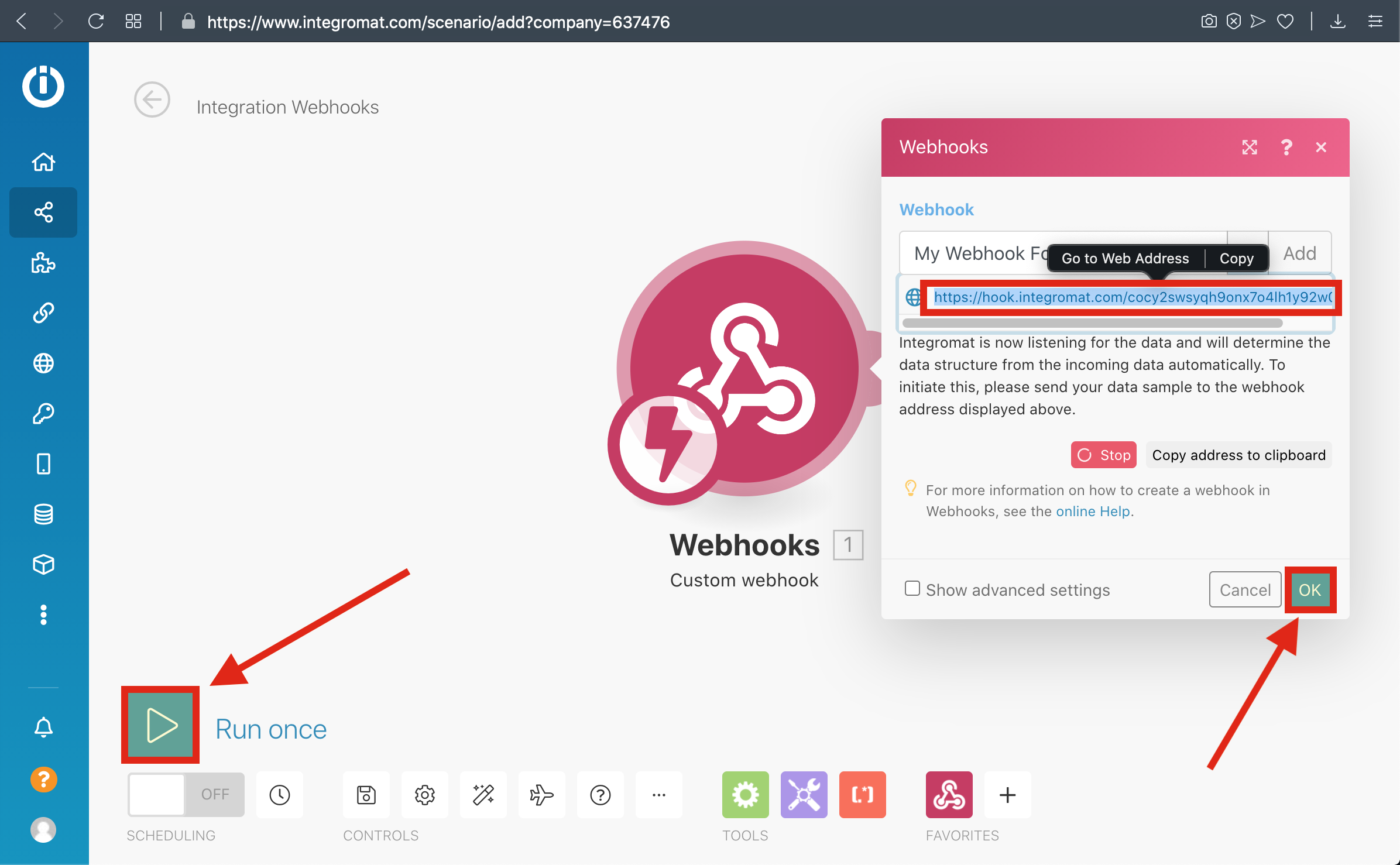 NJINT 5-)Copy the Webhook URL to the clipboard and click %22OK%22 then click Run Once Button.png