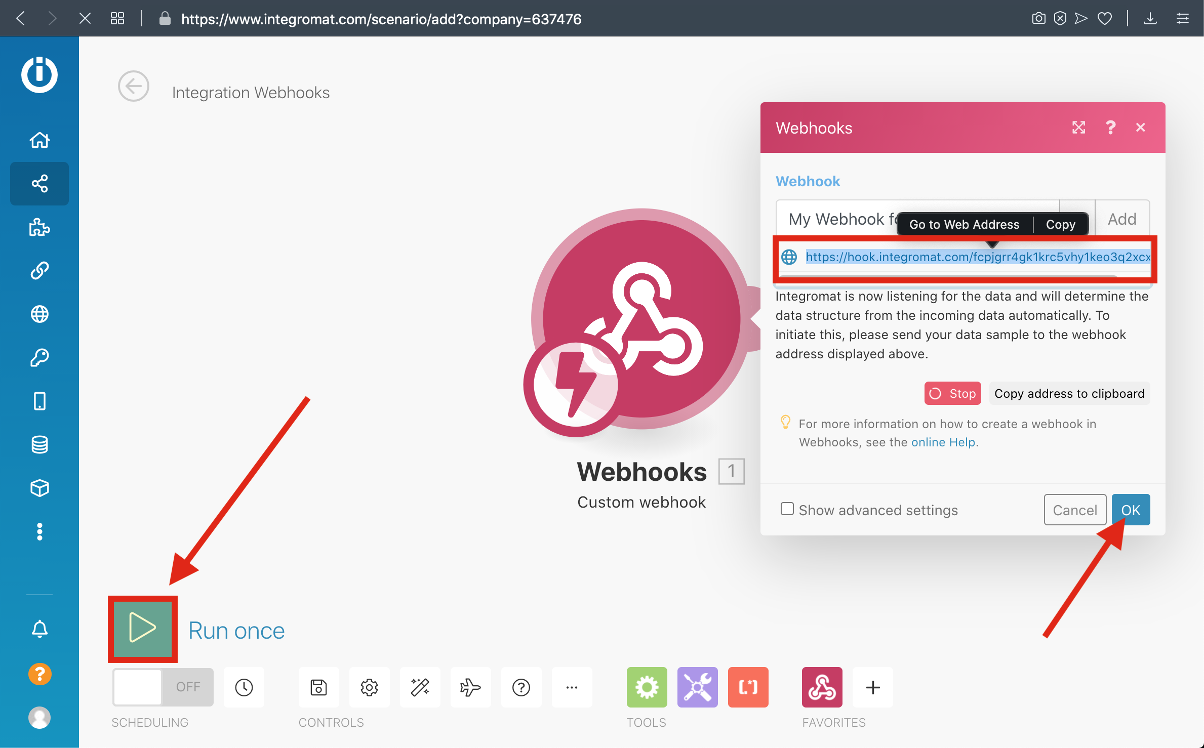 CF7INT 5-)Copy the Webhook URL to the clipboard and click %22OK%22 then click Run Once Button.png
