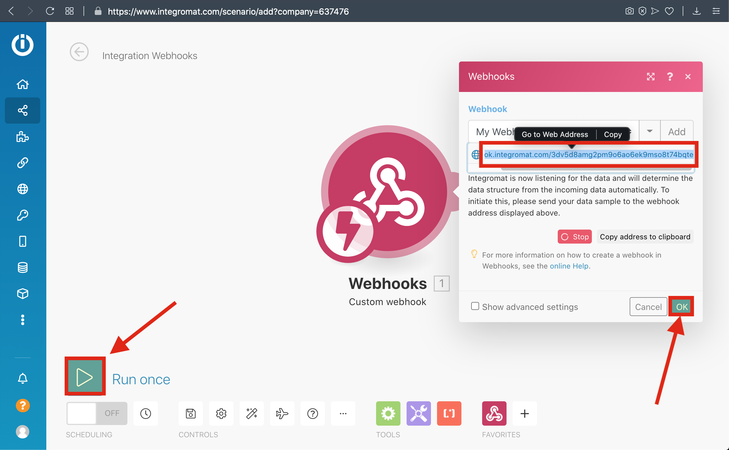 GFINT 5-)Copy the Webhook URL to the clipboard and click %22OK%22 then click Run Once Button.png