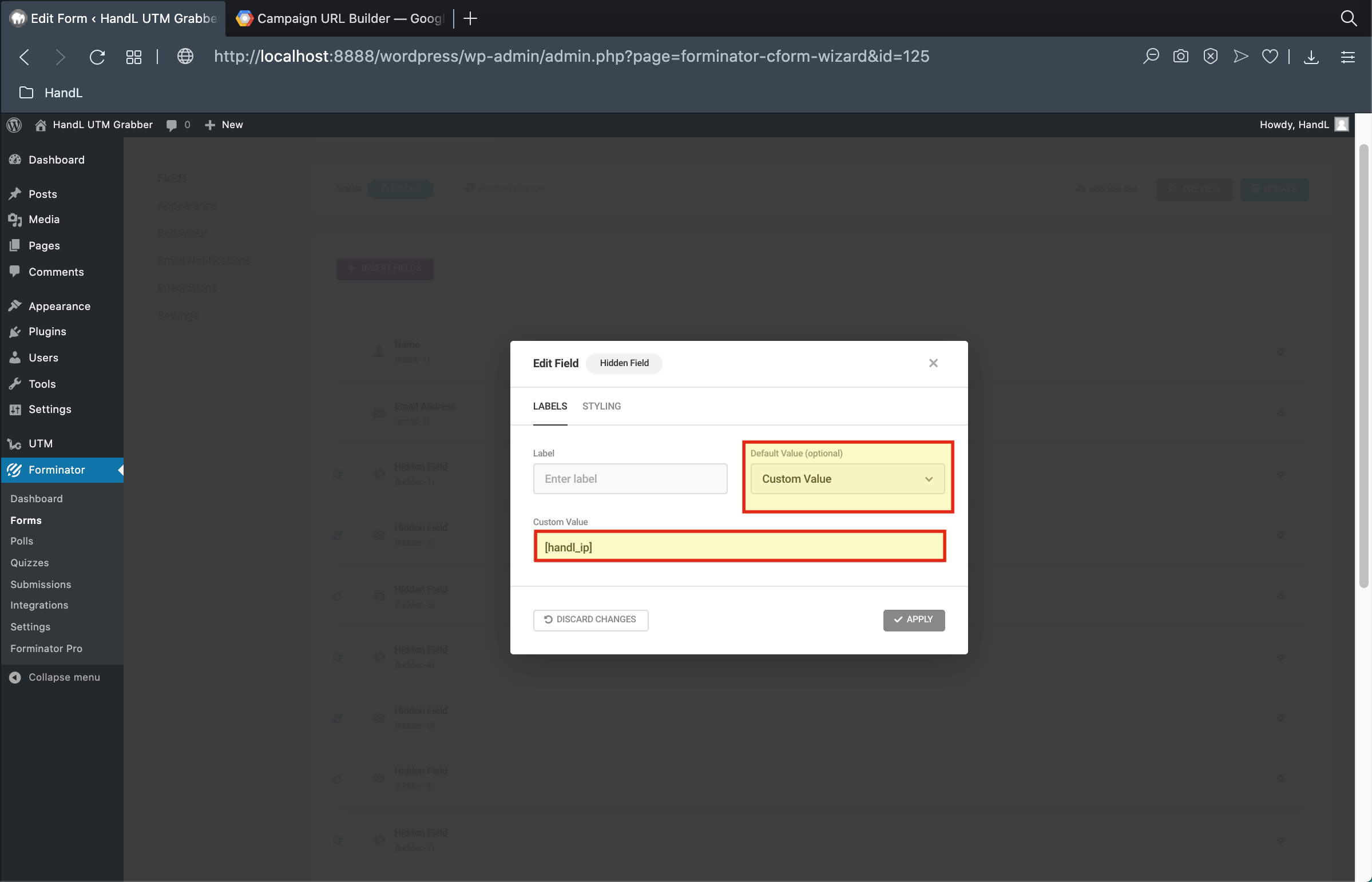 Forminator 10-)Change the default value to the custom and write the shortcode into custom value blank.png