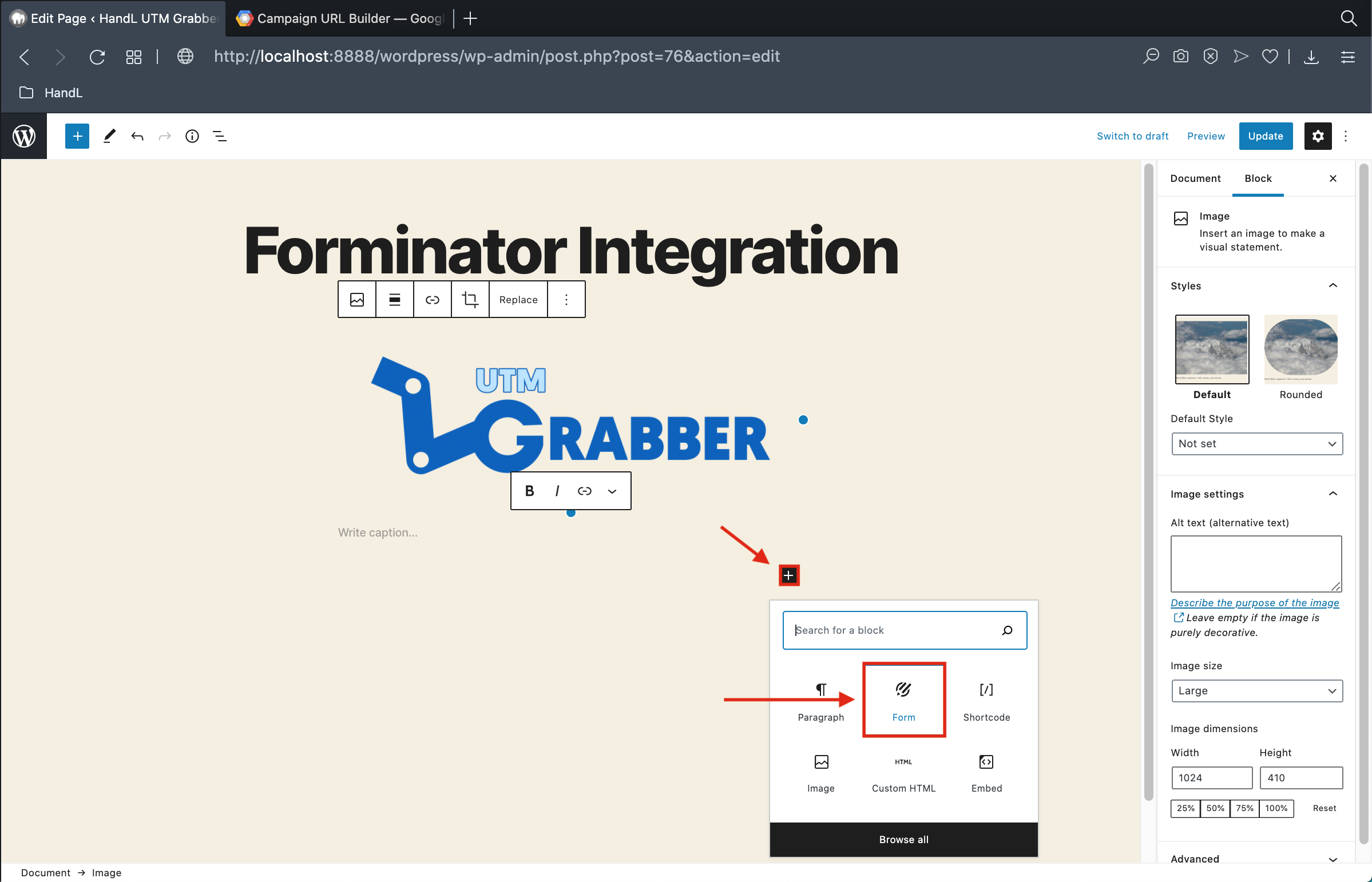 Forminator 14-)Click the small plus button and select the forminator shortcut.png