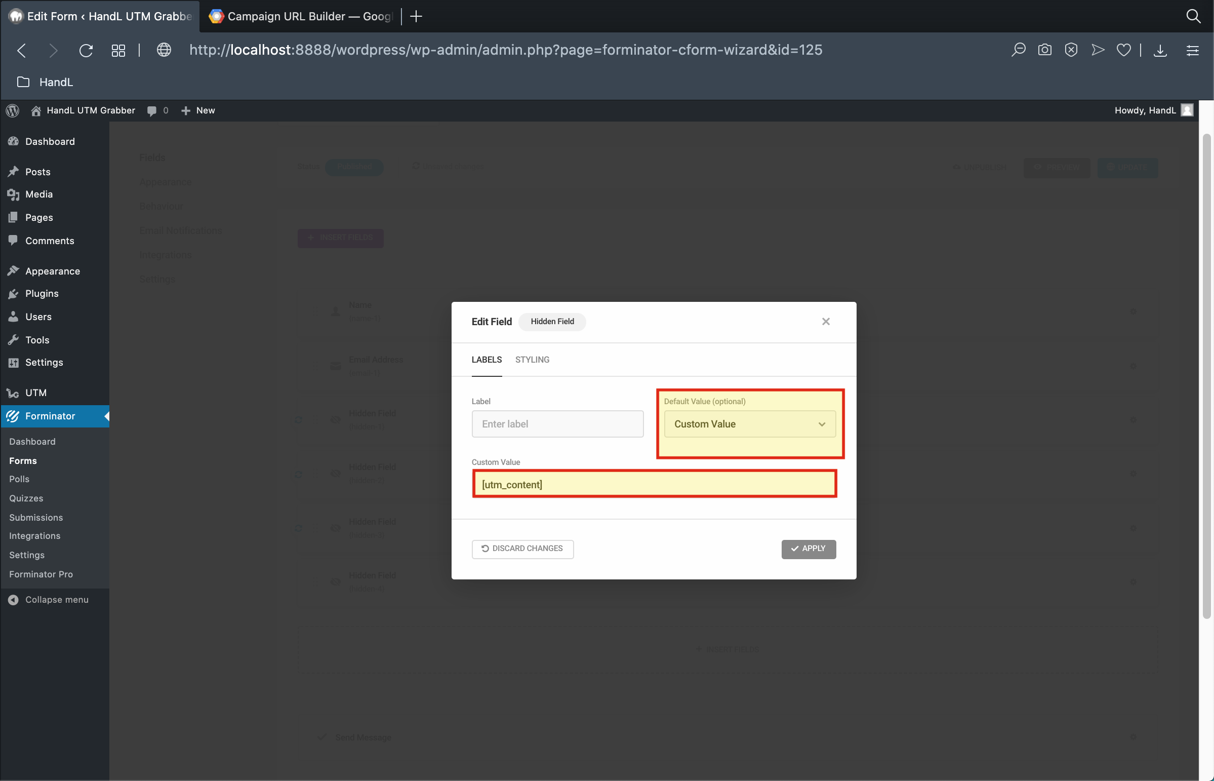 Forminator 6-)Change the default value to the custom and write the shortcode into custom value blank.png